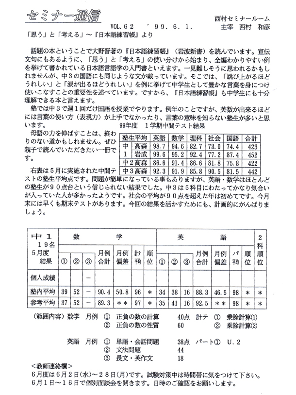 セミナー通信62号 思う と 考える 日本語練習帳 より